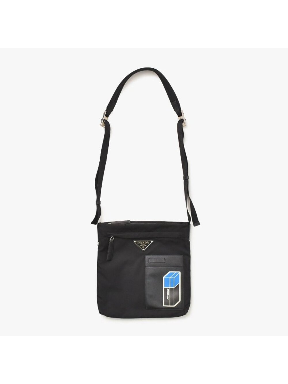 Prada Shoulder Bag Triangle Logo Black Silver Nylon Leather